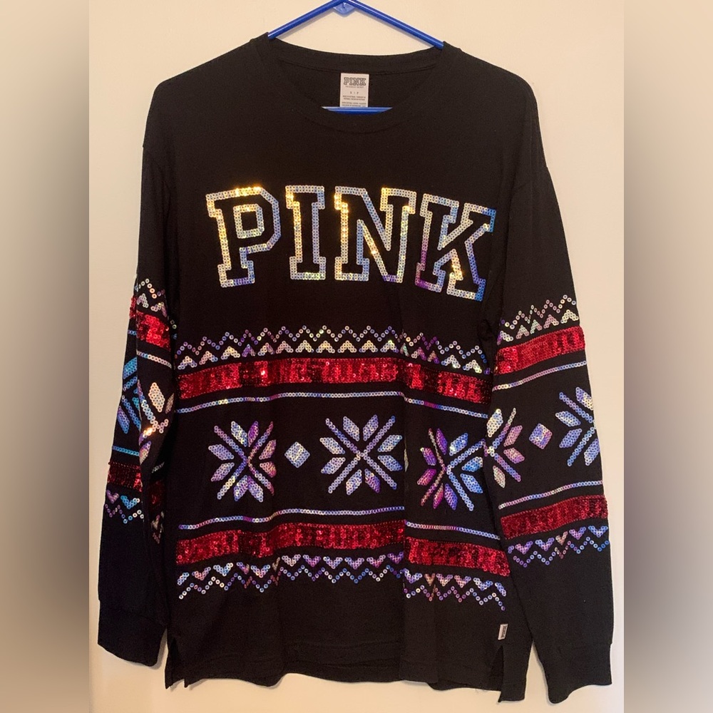 VS PINK Bling Iridescent Christmas Long Sleeve Shirt
